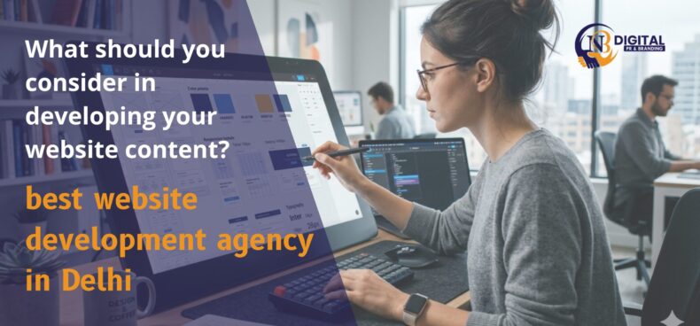 NB Digital PR website development agency in Delhi showcasing a professional web designer creating website content and UI design in a modern office, highlighting best website development services in Delhi.